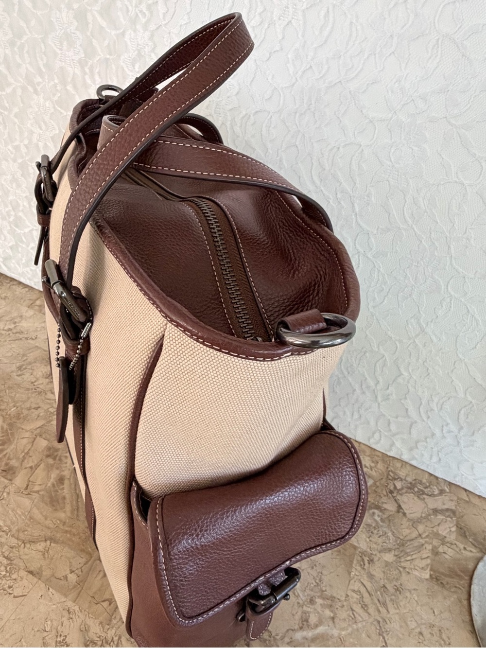 XL COACH spring CR323 Brown Beige tweed Leather Tote Bag unisex men’s bag - Picture 5 of 12
